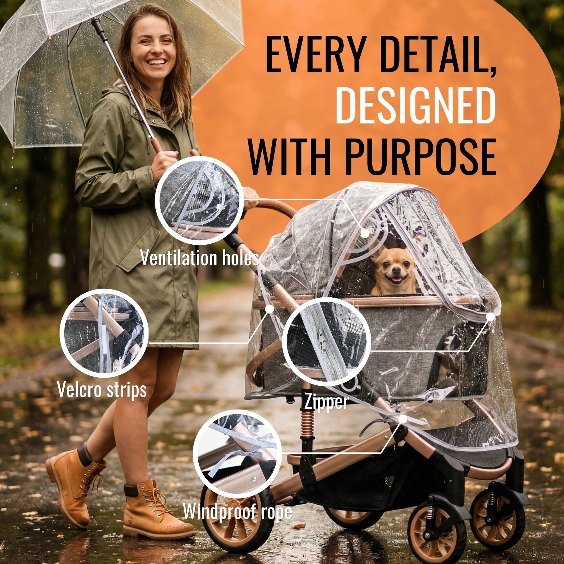 Bicystar Pet Stroller Rain Cover, Clear EVA with Front Zipper, Ventilation Holes, Foldable Universal Fit