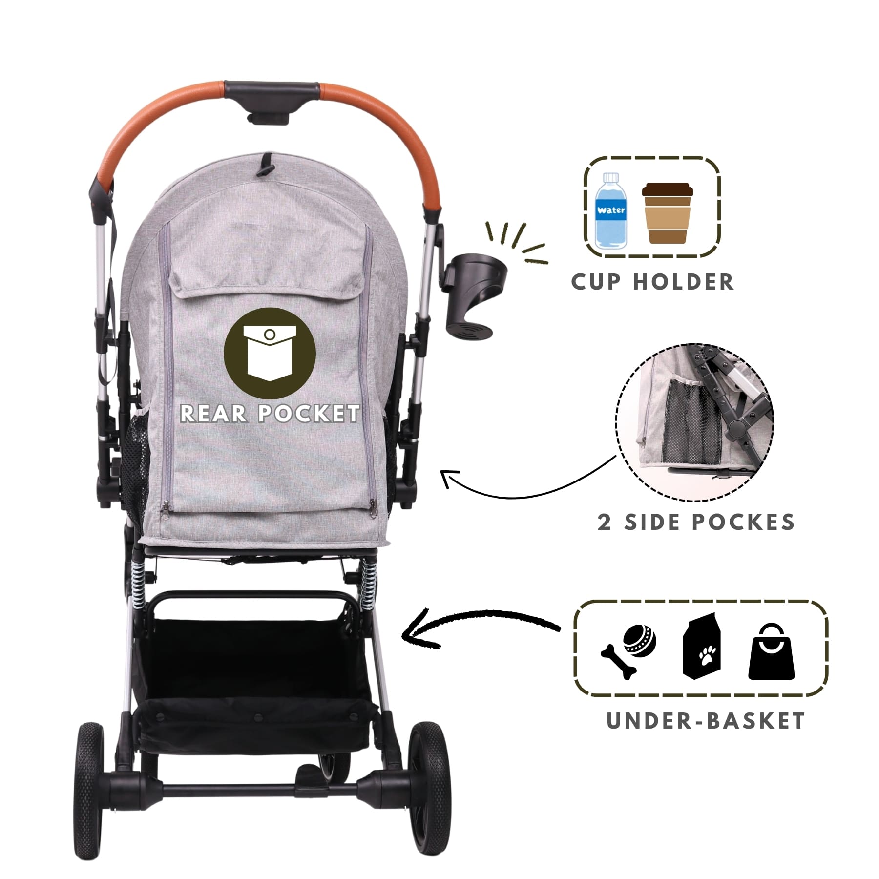 dog stroller with cup holder Bicystar Pet Stroller for Small Medium Dogs Cats Up to 45 lbs, Travel Lite Collapsible, All Terrain 4 Wheels for Jogging, Running, Grey