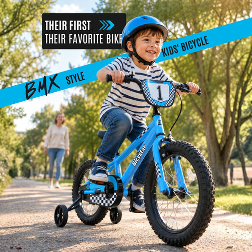 A young boy wearing a blue helmet rides a bright blue BMX-style children's bicycle with training wheels and a front number plate on a paved path. A woman is blurred in the background, and promotional text banners overlay the top of the image.