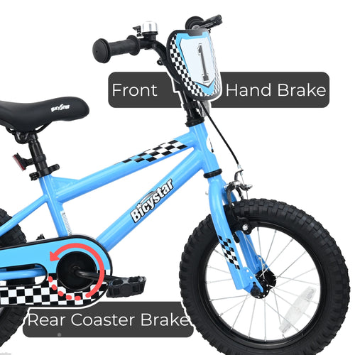 A light blue children's bicycle with black tires and checkered graphics, shown on a white background with callout labels pointing to the front hand brake, rear coaster brake, and seat post.
