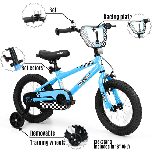 A light blue children's bicycle with training wheels, shown on a white background with callout labels pointing to features such as the bell, racing plate, reflectors, and kickstand. The bike has black tires, a black saddle, and black-and-white checkered graphics on the frame and front plate.
