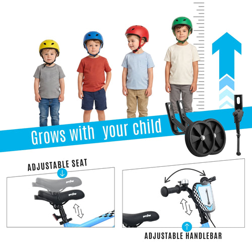 Adjustable children's bicycle with three wheels, shown with four children wearing helmets to demonstrate sizing, plus inset diagrams showing an adjustable seat and adjustable handlebar.
