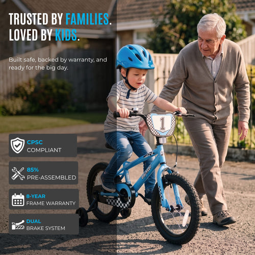 Young child riding blue Bicystar BMX bike with training wheels on suburban driveway wearing helmet