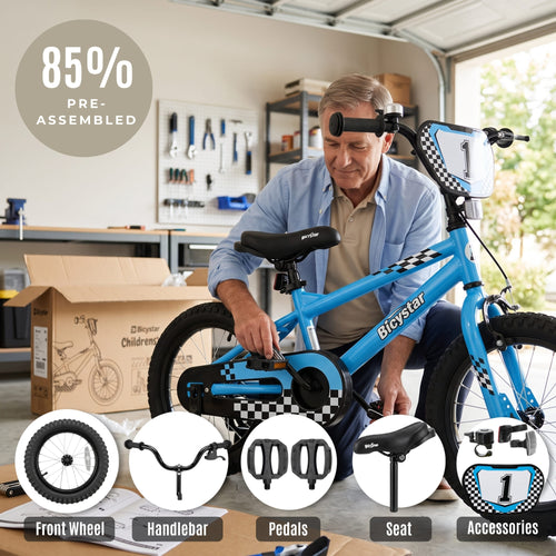 A man assembling a blue pre-assembled kids' bicycle in a garage. The image includes an '85% PRE-ASSEMBLED' badge, a cardboard box, and circular insets showing the included front wheel, handlebar, pedals, seat, and accessories.