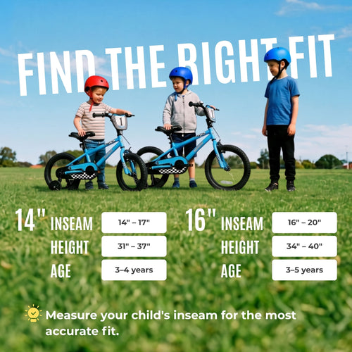 Promotional graphic for kids' bicycles showing three children outdoors on a grassy field under a blue sky, each with a different sized blue bike. Large text reads 'FIND THE RIGHT FIT' with sizing tables below showing inseam height and age ranges for 14-inch and 16-inch bikes.