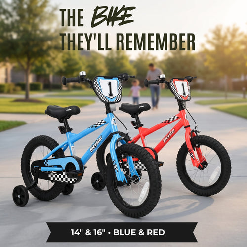 Two children's bicycles with training wheels are parked on a paved path in a park setting. One bike is light blue and the other is red, both with black seats, black tires, and number 1 bibs on the handlebars.