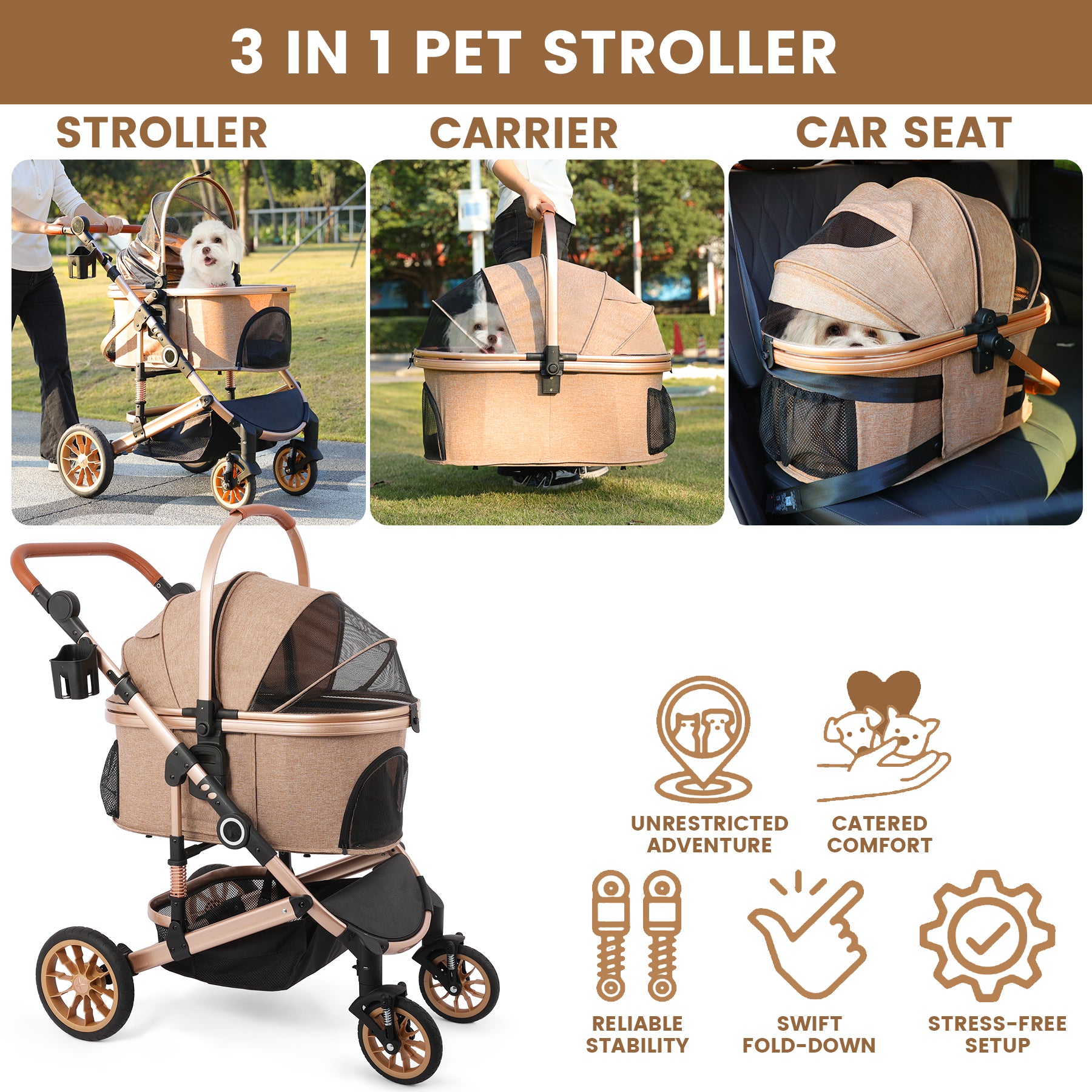 side by side dog stroller 3 in 1 Pet Stroller with Detachable Carrier, Rubber Wheels