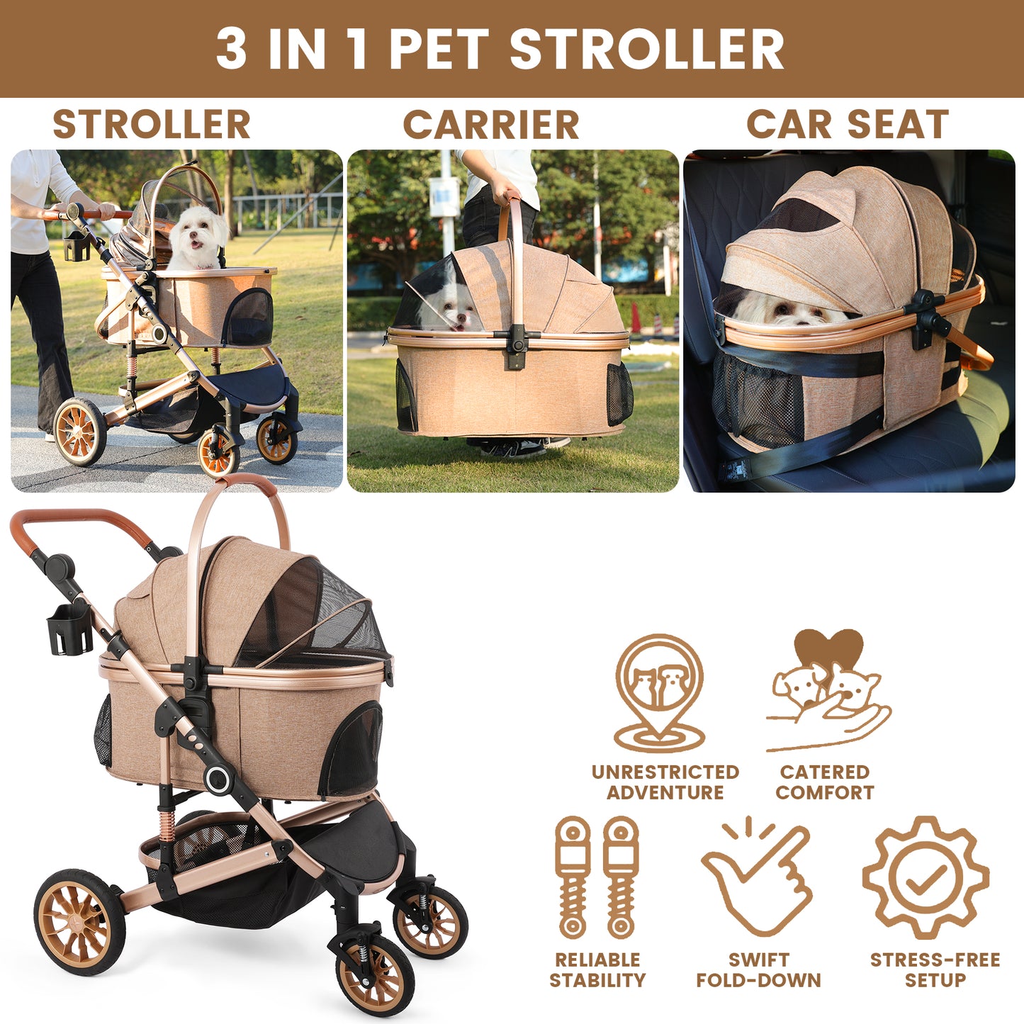 Pet Stroller with 4 Wheels, Foldable Pet Travel Carrier for Small/Medium Dogs Cats up to 50lbs, Detachble Portable Pet Bag