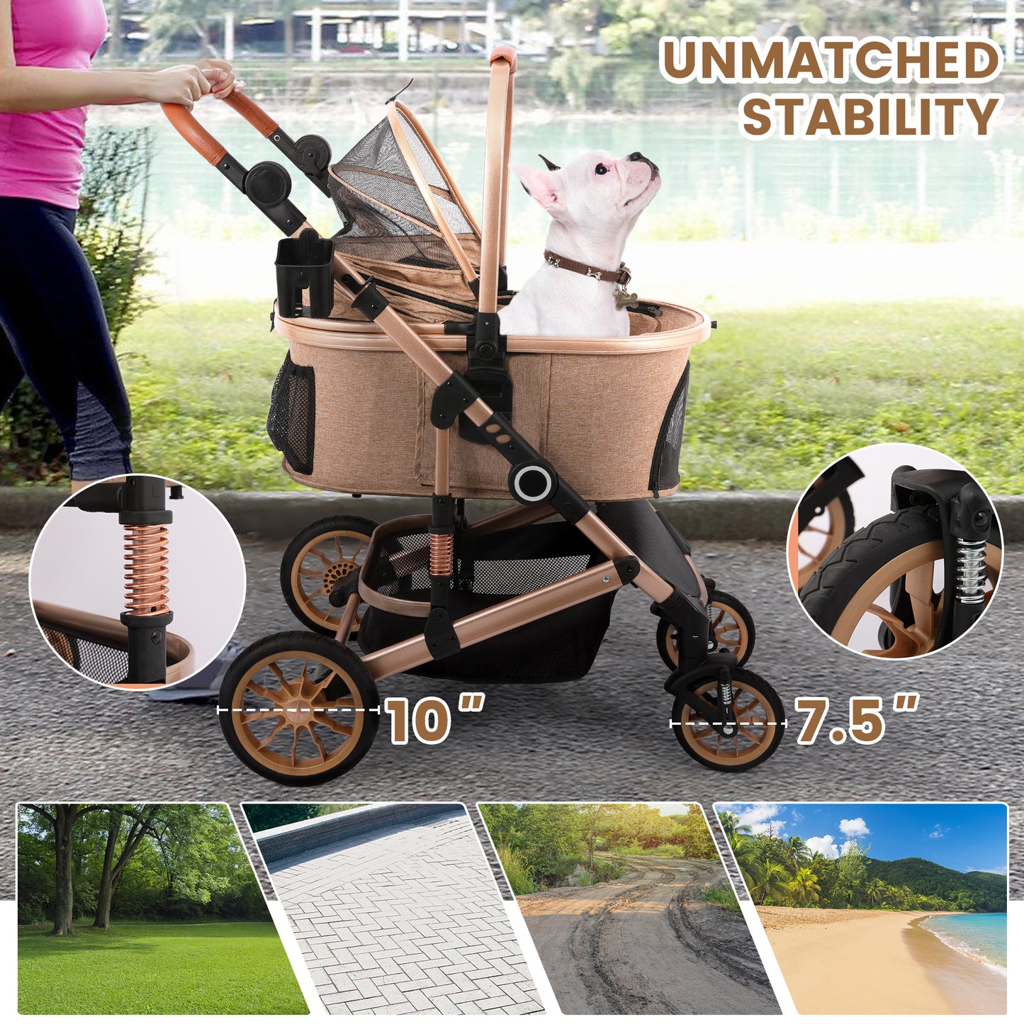 Pet Stroller with 4 Wheels, Foldable Pet Travel Carrier for Small/Medium Dogs Cats up to 50lbs, Detachble Portable Pet Bag