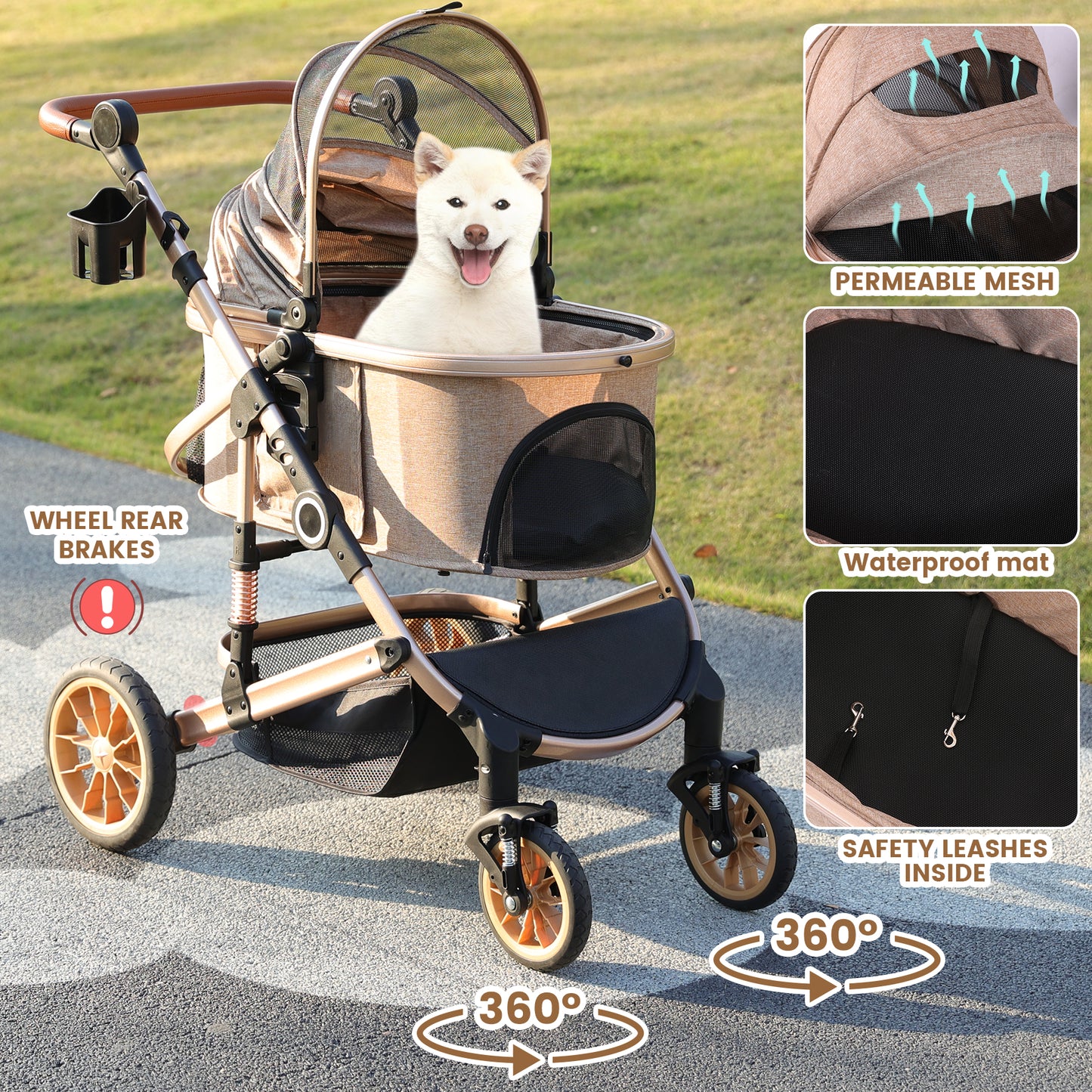 Pet Stroller with 4 Wheels, Foldable Pet Travel Carrier for Small/Medium Dogs Cats up to 50lbs, Detachble Portable Pet Bag