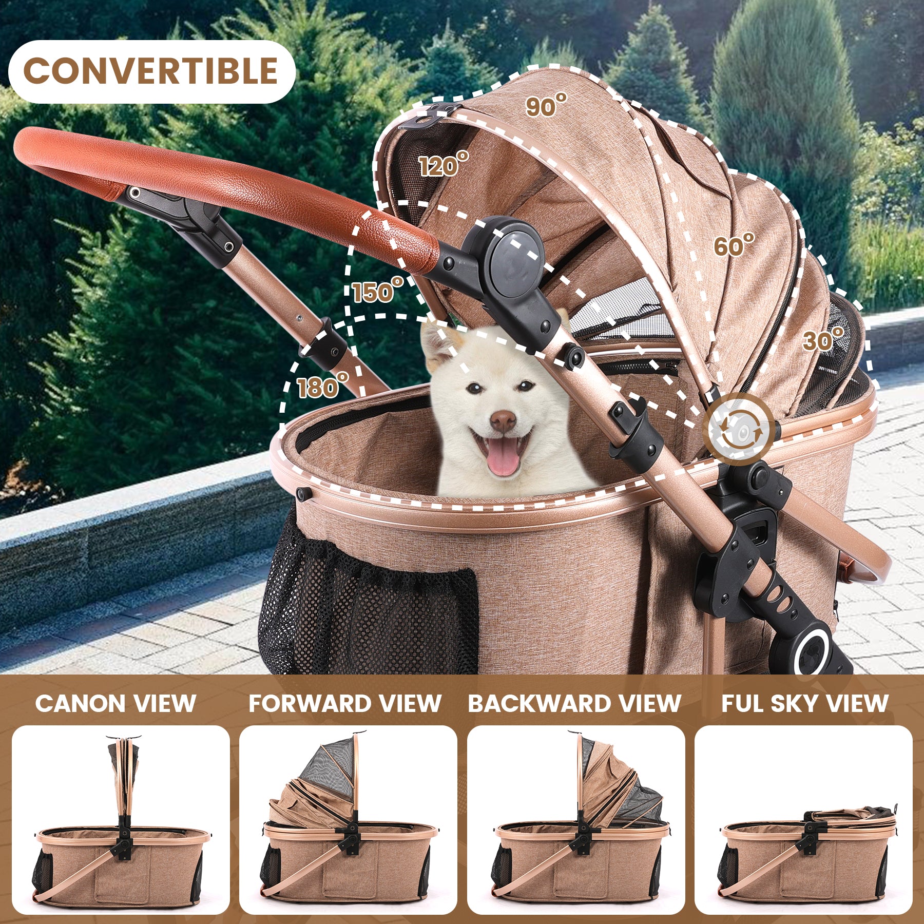 side by side dog stroller 3 in 1 Pet Stroller with Detachable Carrier, Rubber Wheels