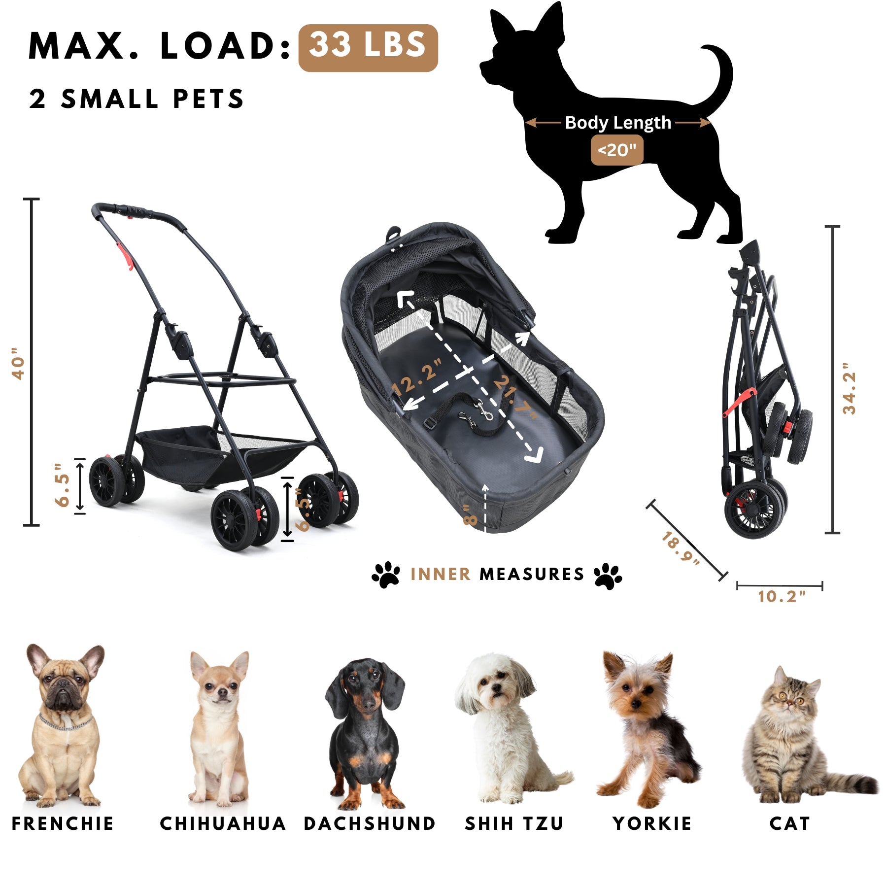 dog stroller 40 pound dog 3 in 1 Pet Stroller with Detachable Carrier, Foldable, Max 33 lbs