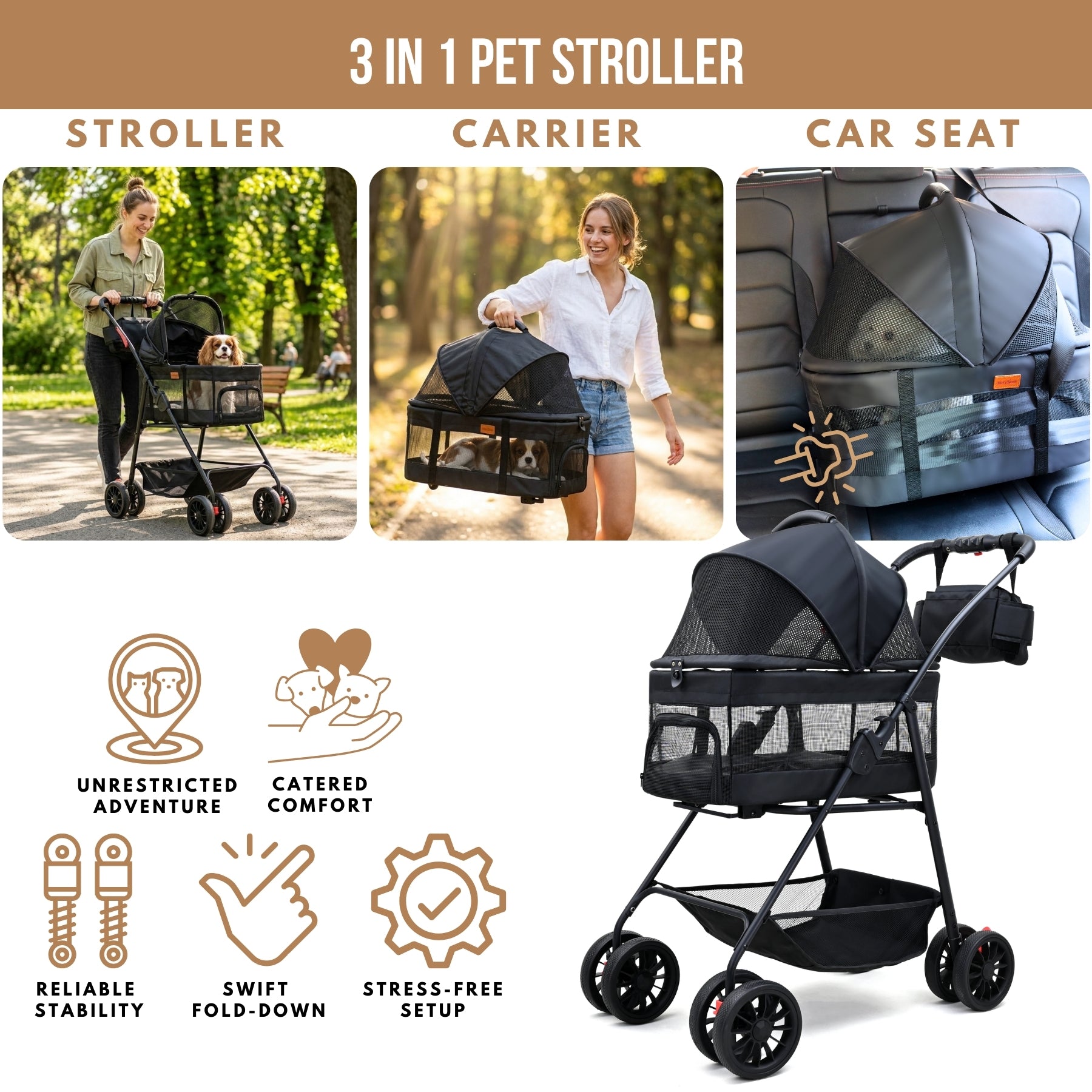pet stroller car seat Bicystar Pet Stroller for Small Dogs Cats with Wheels, Detachable Carrier, Max Load 33 lbs, Easy Folding, Compact Portable, Dog