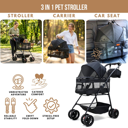 3 in 1 Pet Stroller with Detachable Carrier, Foldable, Max 33 lbs | LS-G2113BN