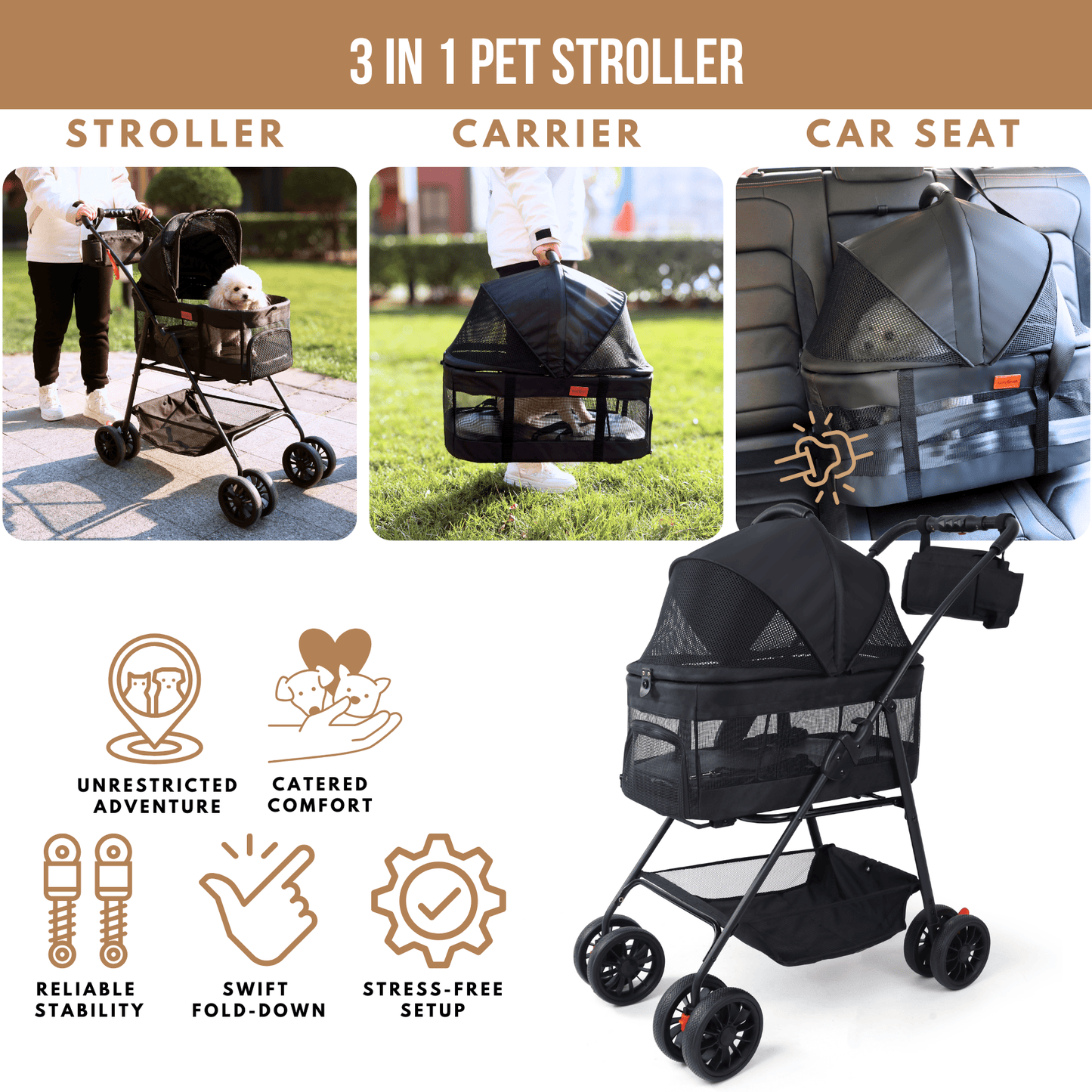 Bicystar Pet Stroller for Small Dogs Cats with Detachable Carrier, Max Load 33 lbs, Car Seat 3 in 1 (Upgraded)