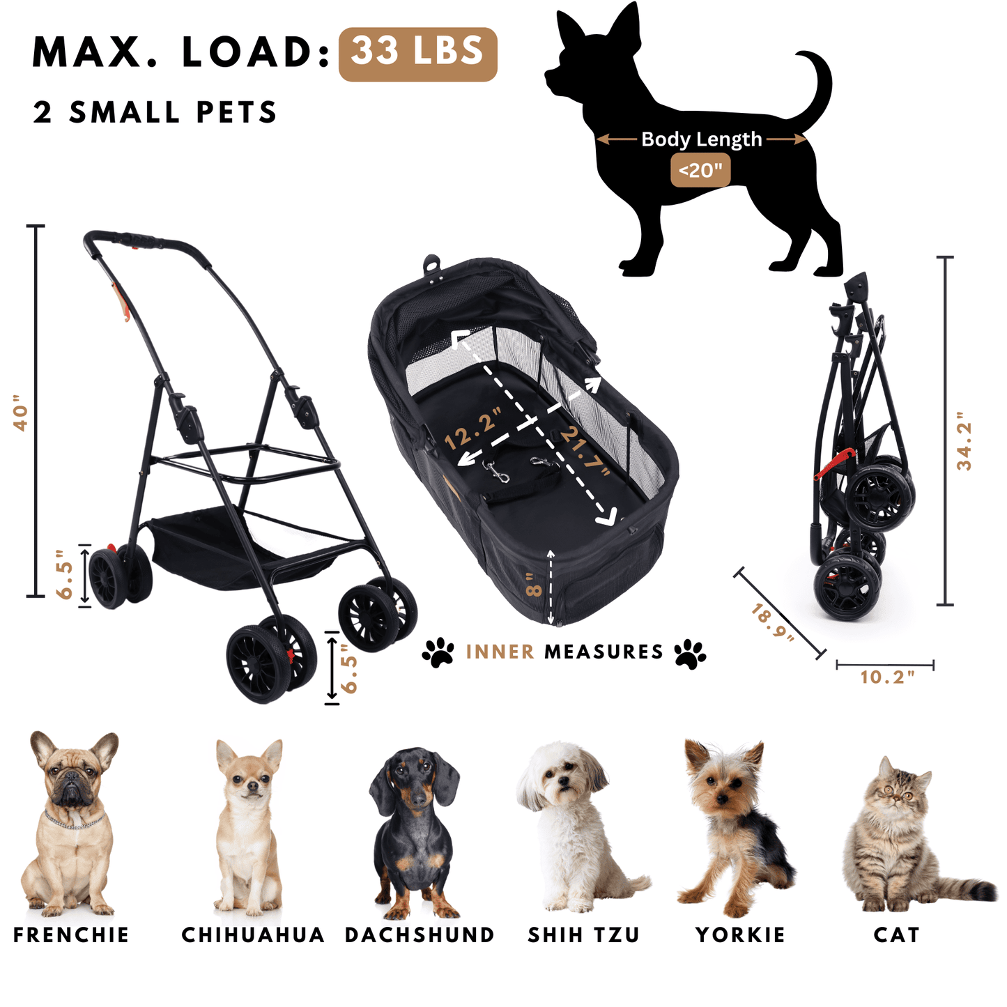 Bicystar Pet Stroller for Small Dogs Cats with Detachable Carrier, Max Load 33 lbs, Car Seat 3 in 1 (Upgraded)