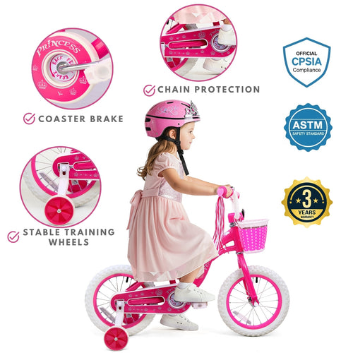 Bicystar Girls Bike for Kids 3-8 Years with Training Wheels, Basket 12 14 16 18 inch | BS-PB01