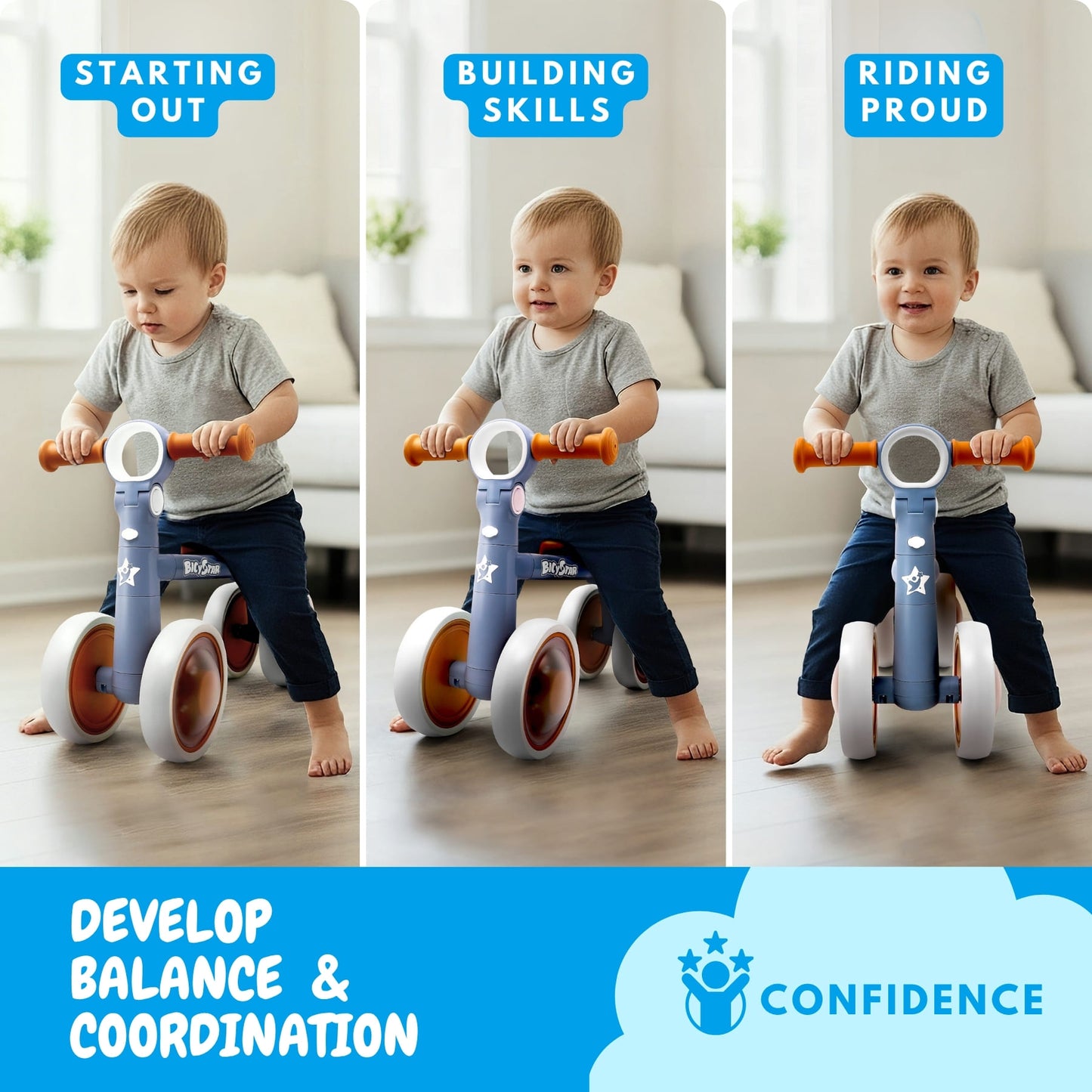 Bicystar Baby Balance Bike with Adjustable Handlebars, Rear Wheel, Colorful Lighting, Model SWB-0706S