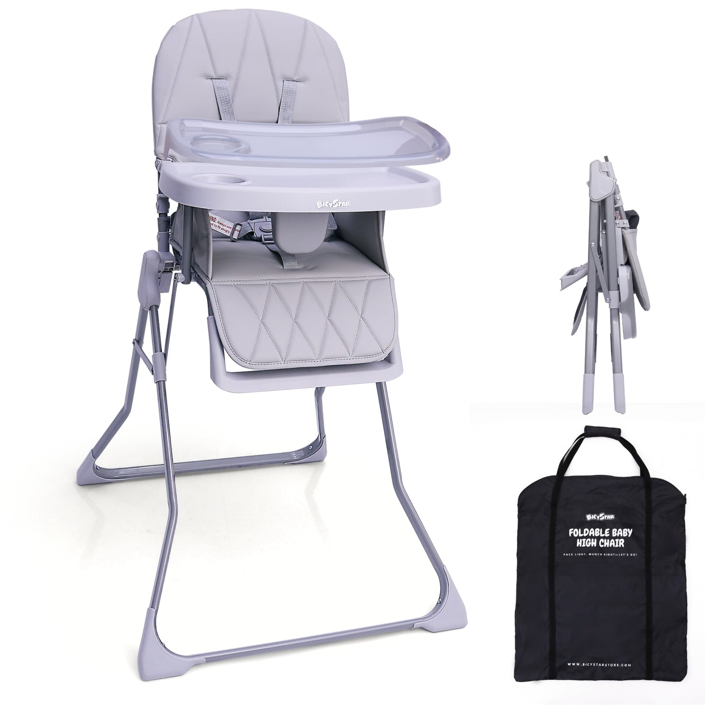 Bicystar Foldable Baby High Chair with Easy Clean Double-layer Tray, Adjustable Foot Rest, Point Harness for Travel