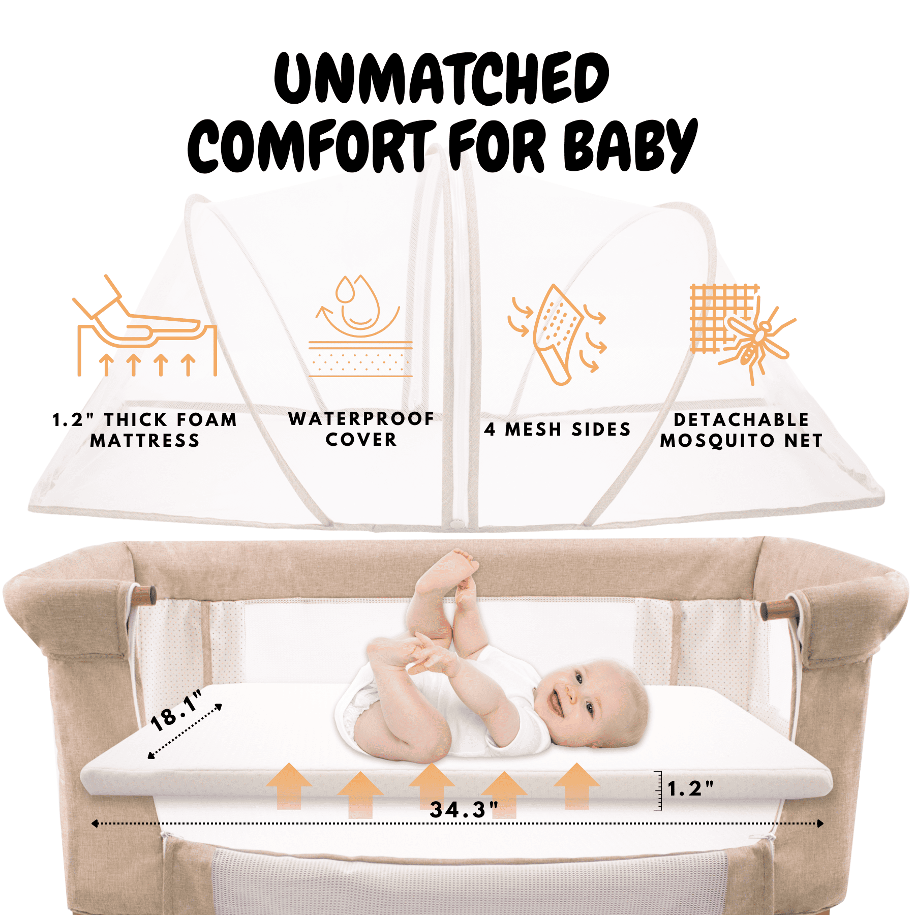 Bassinet Bedside Sleeper for Baby 0-6 Months with Wheels, Mattress