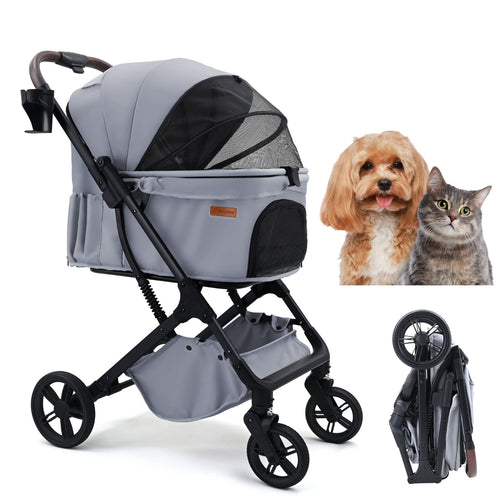 A dark gray pet stroller with a canopy, shown on a white background. A small brown dog and a gray cat are pictured to the right, and a folded view of the stroller appears in the bottom right corner.