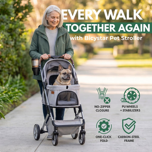 An older woman pushes a gray Bicystar Pet Stroller with a small dog inside, walking on a paved path outdoors. Large text at the top reads 'EVERY WALK TOGETHER AGAIN with Bicystar Pet Stroller,' and four feature icons at the bottom highlight no-zipper closure, PU wheels with stabilizers, one-click fold, and carbon-steel frame.