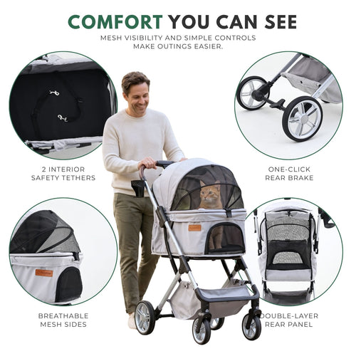 A man pushes a light gray pet stroller with a cat inside, on a white background with circular feature callouts and text highlighting mesh visibility, safety tethers, rear brake, breathable mesh sides, and double-layer rear panel.