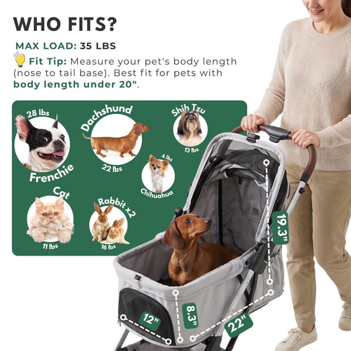 A pet stroller with a dachshund inside, shown with a woman pushing it and a fit guide graphic on the left. The graphic includes pet photos and text about body length measurements and maximum load of 35 lbs.