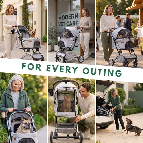 A six-panel collage showing people outdoors with a pet stroller in different settings. The stroller is shown with a dog, a cat, and a small dog, with one panel showing the stroller open in a car trunk.