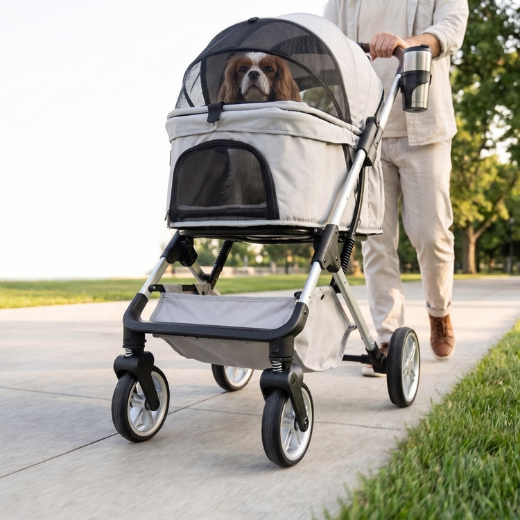 A dog stroller with a small dog inside, being pushed by a person on a paved path outdoors. The stroller has a light gray fabric body with black mesh panels and a black frame.