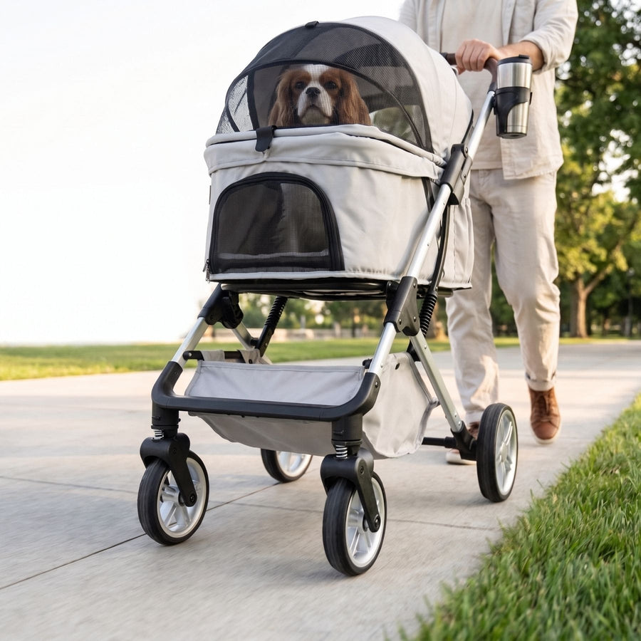A dog stroller with a small dog inside, being pushed by a person on a paved path outdoors. The stroller has a light gray fabric body with black mesh panels and a black frame.