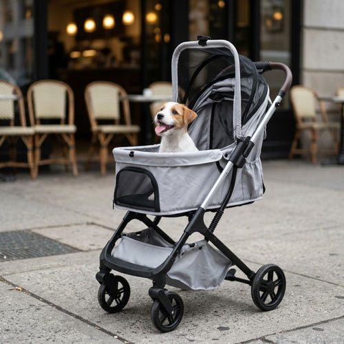 A small dog sits in a gray and black pet stroller on a city sidewalk, with cafe chairs and a storefront blurred in the background.
