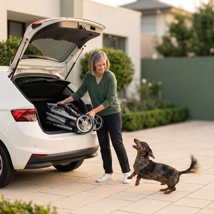 A woman loading a folded stroller into the trunk of a white car, with a dachshund standing nearby on a paved driveway in front of a modern house.