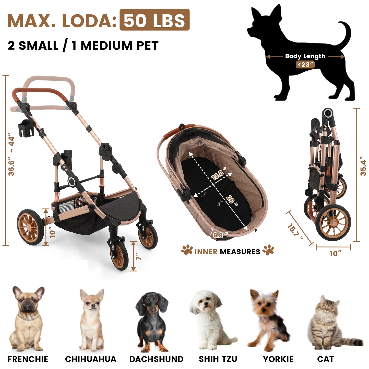 Pet Stroller with 4 Wheels, Foldable Pet Travel Carrier for Small/Medium Dogs Cats up to 50lbs, Detachble Portable Pet Bag